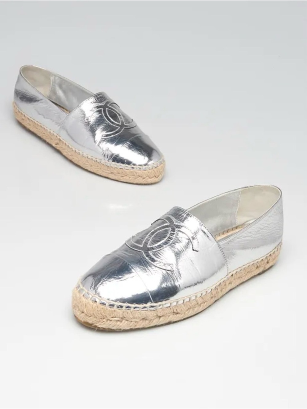 CHANEL Silver Metallic Espadrilles with CC Logo size 9.5 to 10
